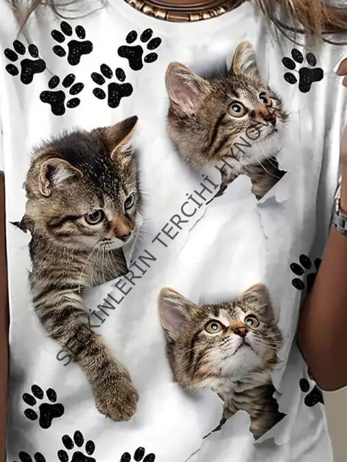 Kadın Kısa Kollu Kedi Ve Pati Baskılı Süprem T-shirt