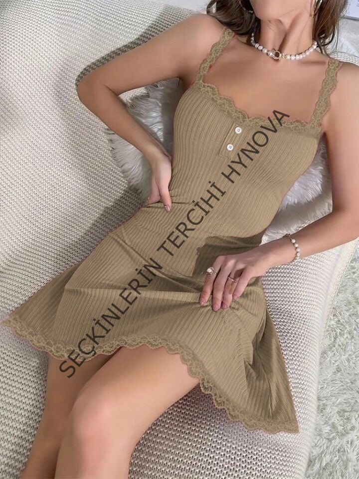 Kadın Askılı V Yaka Dantel Detay Fitilli Kaşkorse Gecelik