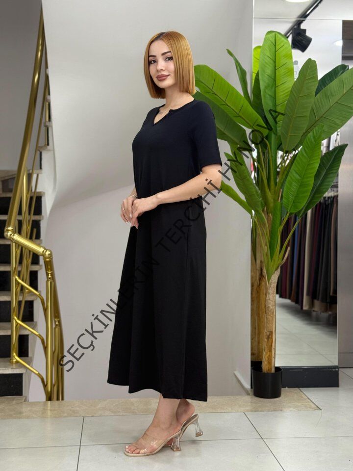 Kadın Kısa Kollu V Yakalı Cep Detaylı Uzun Janjan Krep Elbise