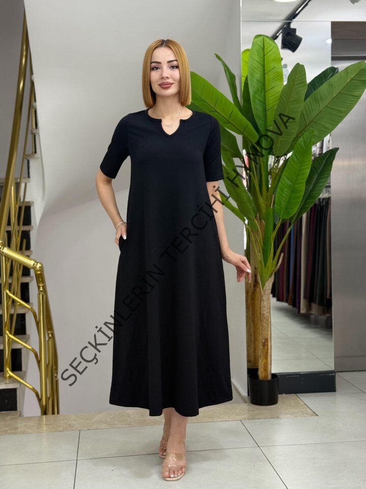 Kadın Kısa Kollu V Yakalı Cep Detaylı Uzun Janjan Krep Elbise
