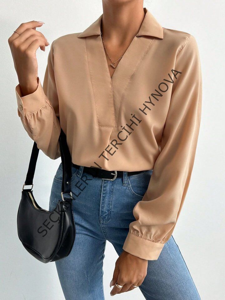 Kadın V Yaka Uzun Kollu Mosskrep Kumaş Bluz