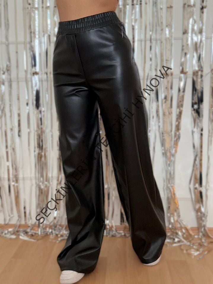 Kadın Yılbaşı özel Yüksek Bel Beli Lastikli Geniş Paçalı Deri Pantolon