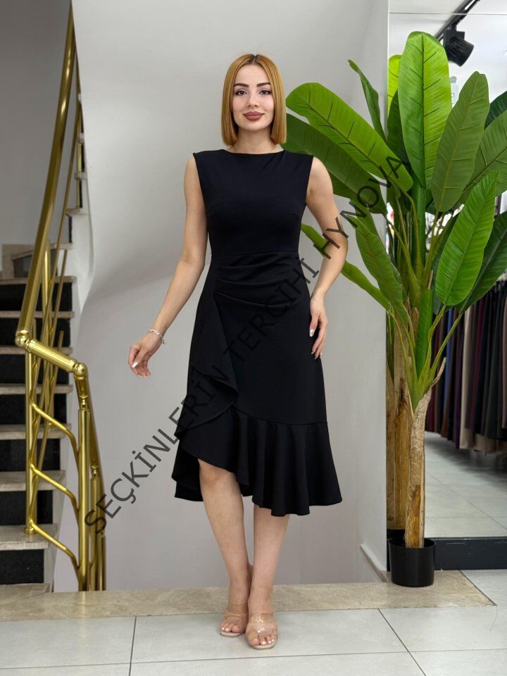 Kadın Sıfır Kollu Belden Büzgülü Eteği Volanlı Asimetrik Kesim Midi Janjan Krep Elbise