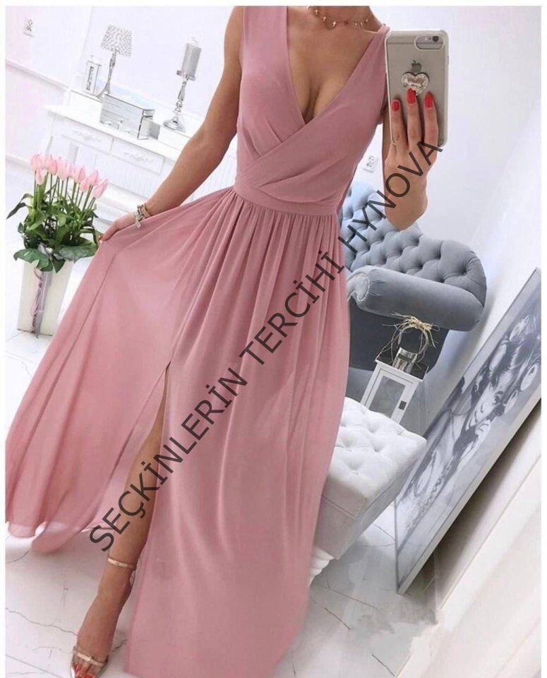 Kadın şifon Kumaş V Yaka Sıfır Kol Maxi Boy Elbise