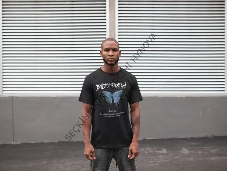 Unisex Bisiklet Yaka Baskılı Oversize T-Shirt - Siyah