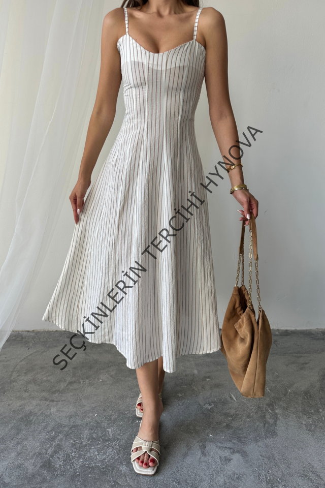 SİMLİ ÇİZGİLİ ASKILI ELBİSE MİDİ BOY - Kahverengi