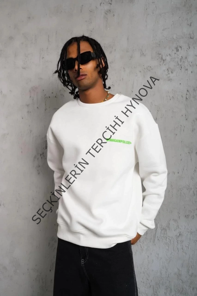 Erkek Oversize Sweatshirt – Beyaz Renk  Ön Ve Sırt Baskılı, Üç İplik İçi Pamuklu Kumaş, Rahat Kalıp, Ribanalı Kışlık Sweat  Winagain Polizei Serisi - Beyaz