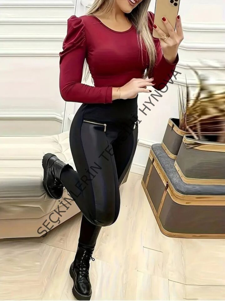 Kadın Yüksek Bel Deri Detaylı Fermuarlı Dalgıç Tayt