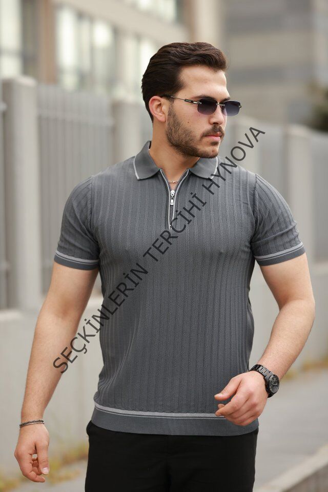 Erkek Fermuarlı Yakalı Kısa Kollu T-shirt