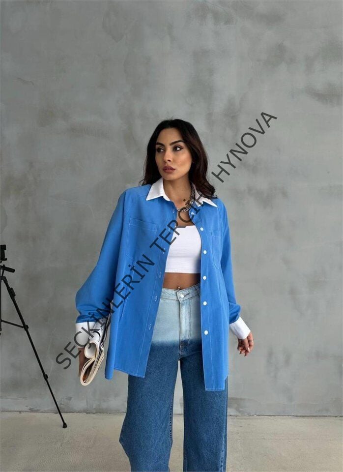 KOL VE MANŞET BEYAZ KAPALI PİLE DETAYLI GÖMLEK - Mavi