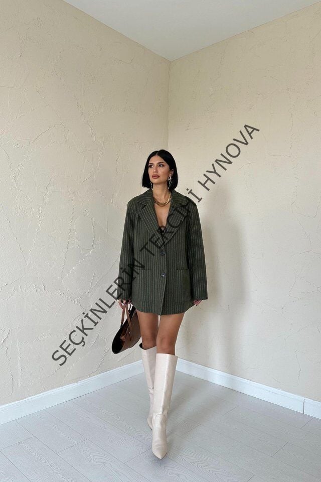 Haki Çizgili Oversize Ceket