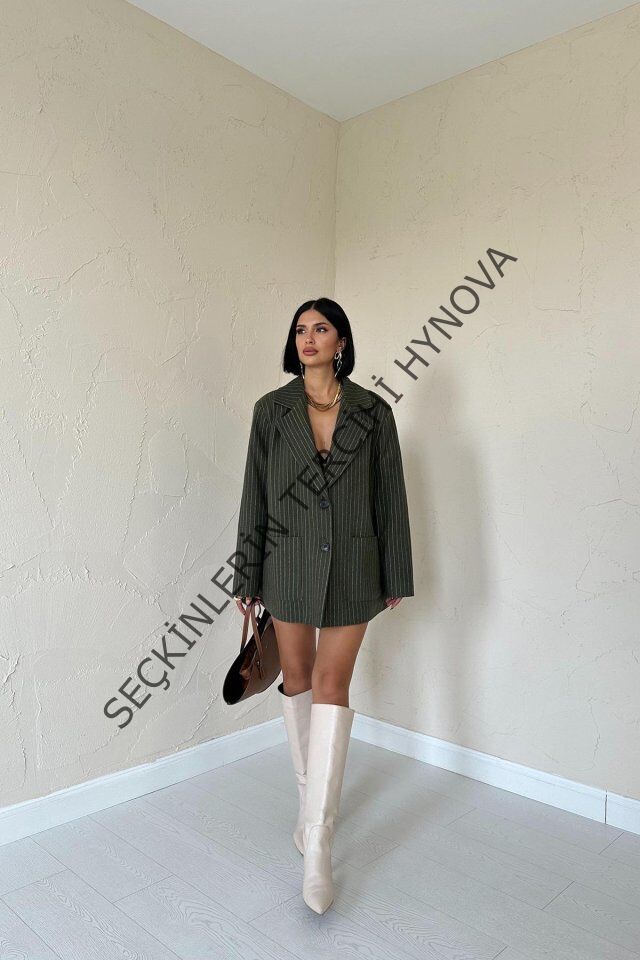 Haki Çizgili Oversize Ceket