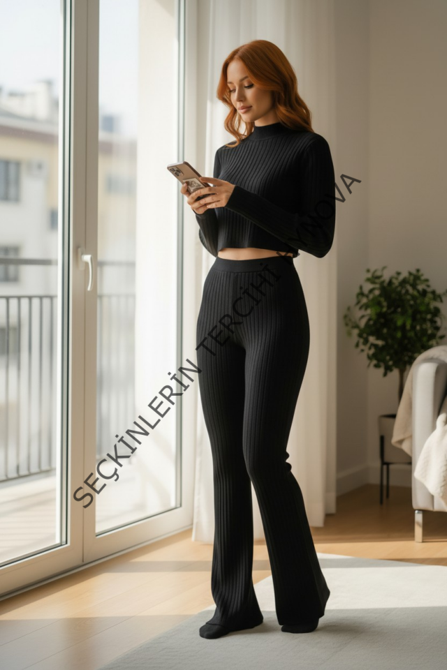 Kadın Siyah Fitilli Eşofman Takımı – Crop Uzun Kollu Üst & Paça Pantolon, Şık Günlük Set