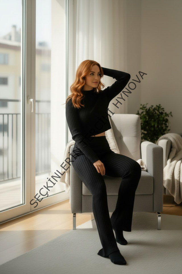 Kadın Siyah Fitilli Eşofman Takımı – Crop Uzun Kollu Üst & Paça Pantolon, Şık Günlük Set