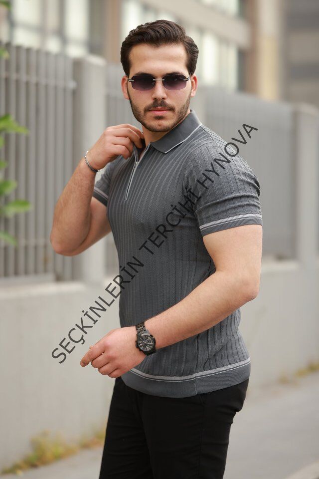 Erkek Fermuarlı Yakalı Kısa Kollu T-shirt