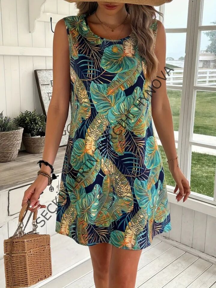 Kadın Sıfır Kollu Yuvarlak Yaka Desenli Süprem Elbise