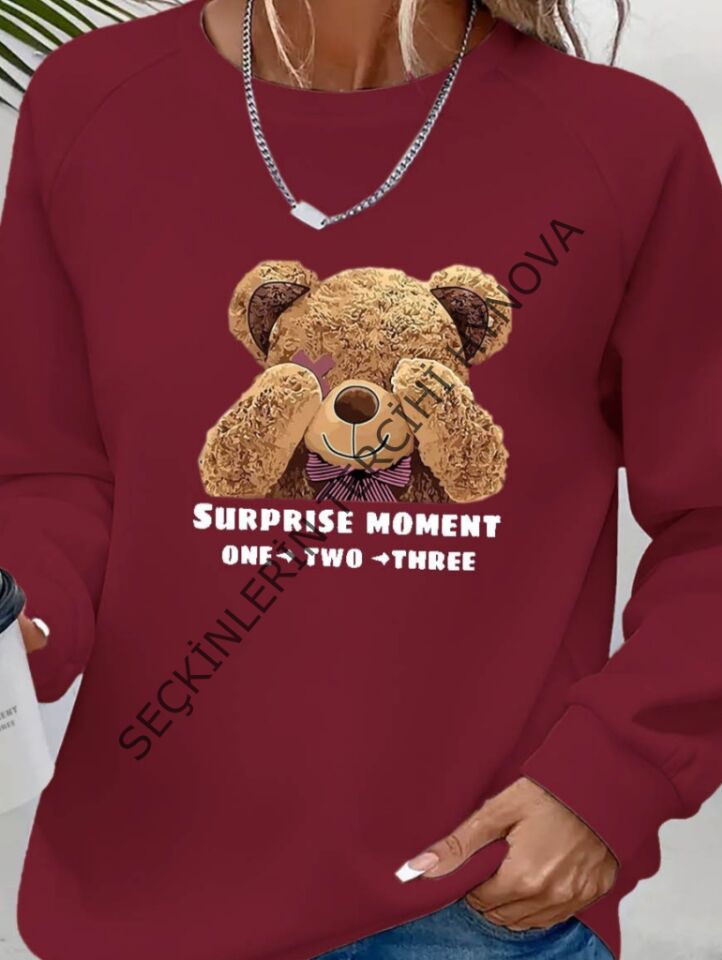 Kadın Uzun Kollu Bisiklet Yaka Ayıcık Desenli Viskon Iki Iplik Bluz