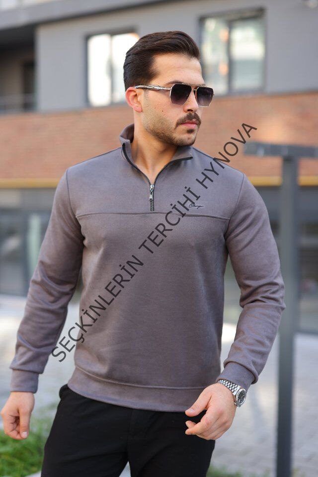 Erkek Süet Yarım Fermuar Dik Yaka Sweat