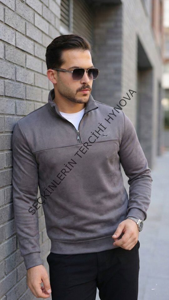 Erkek Süet Yarım Fermuar Dik Yaka Sweat