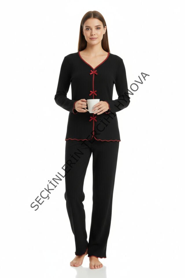 Premium Kadın 4’lü Fitilli Set – Siyah Kırmızı Biyeli (Pijama Üst, Pantolon, Bikini Takımı)
