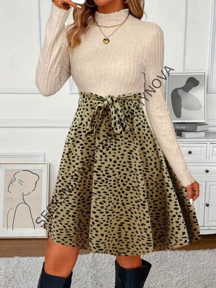 Kadın Uzun Kollu Balıkçı Yaka Belden Bağlamalı üst Kaşkorse Eteği Dalgıç Elbise