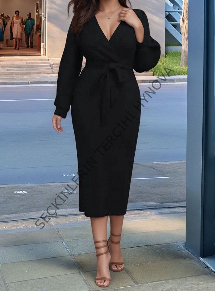 Kadın Uzun Kollu Kruvaze Yaka Belden Kuşaklı Midi Ithal Krep Elbise