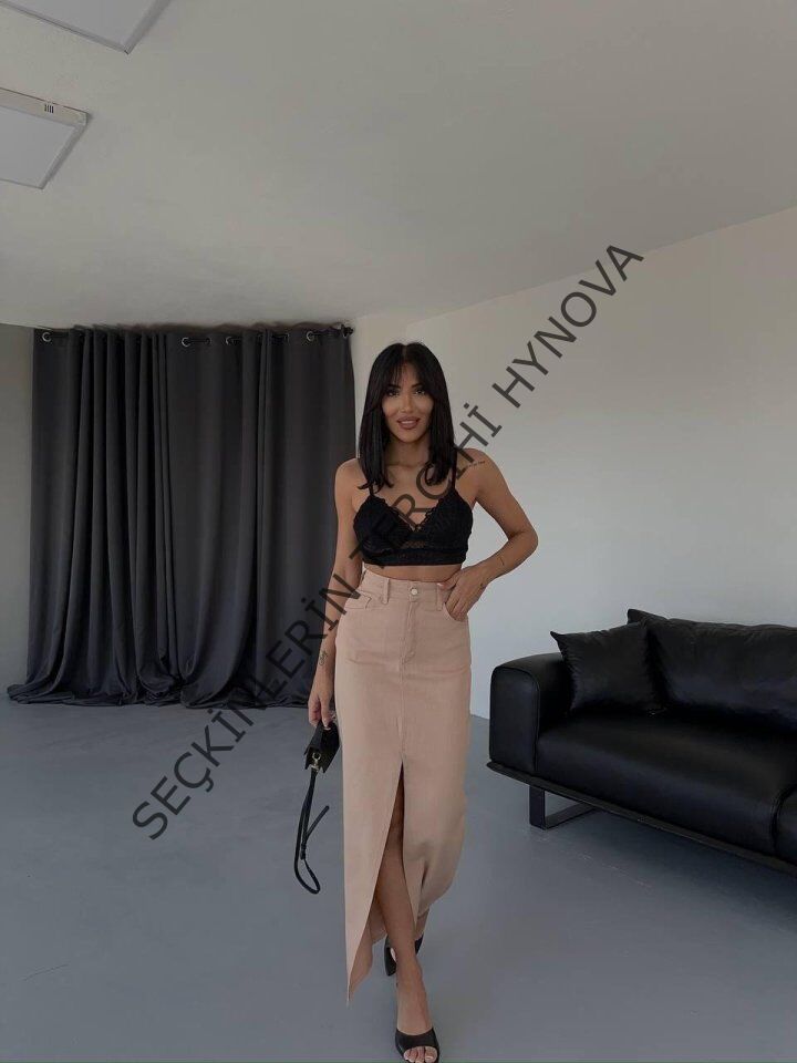 GABARDİN UZUN ÖNDEN YIRTMAÇLI ETEK - Kahverengi