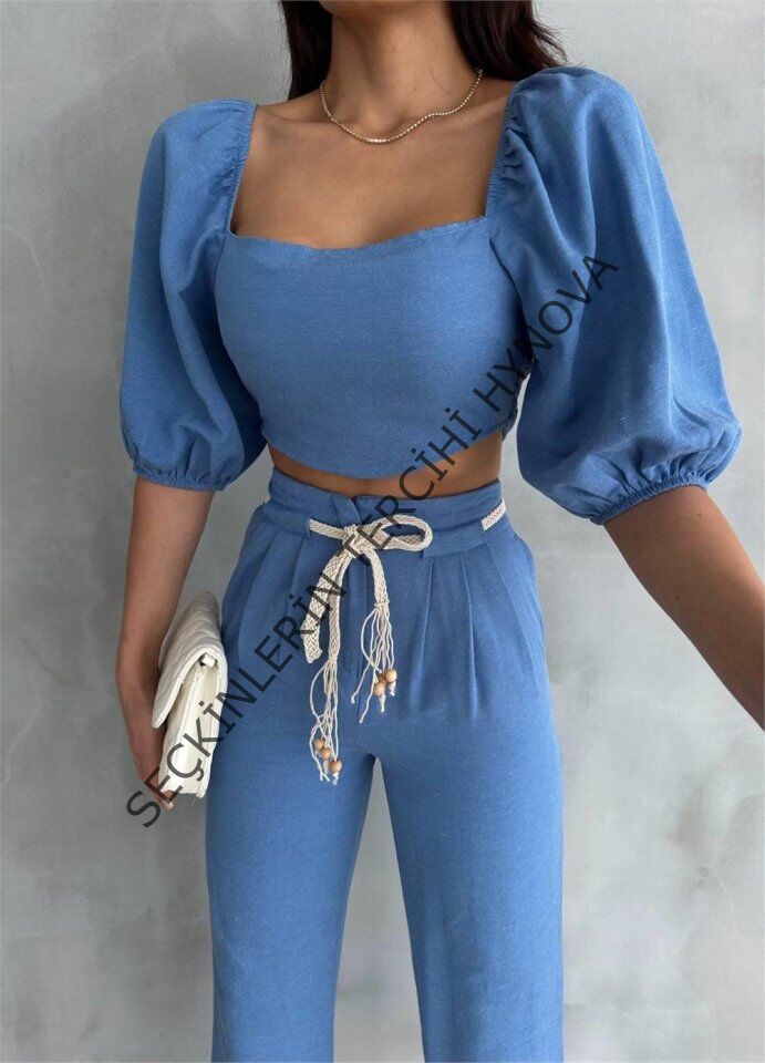 KETEN CROP KARPUZ KOL BLUZ-PANTOLON HASIR KEMERLİ - Mavi