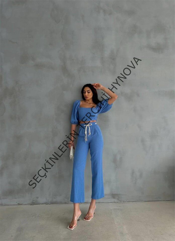 KETEN CROP KARPUZ KOL BLUZ-PANTOLON HASIR KEMERLİ - Mavi