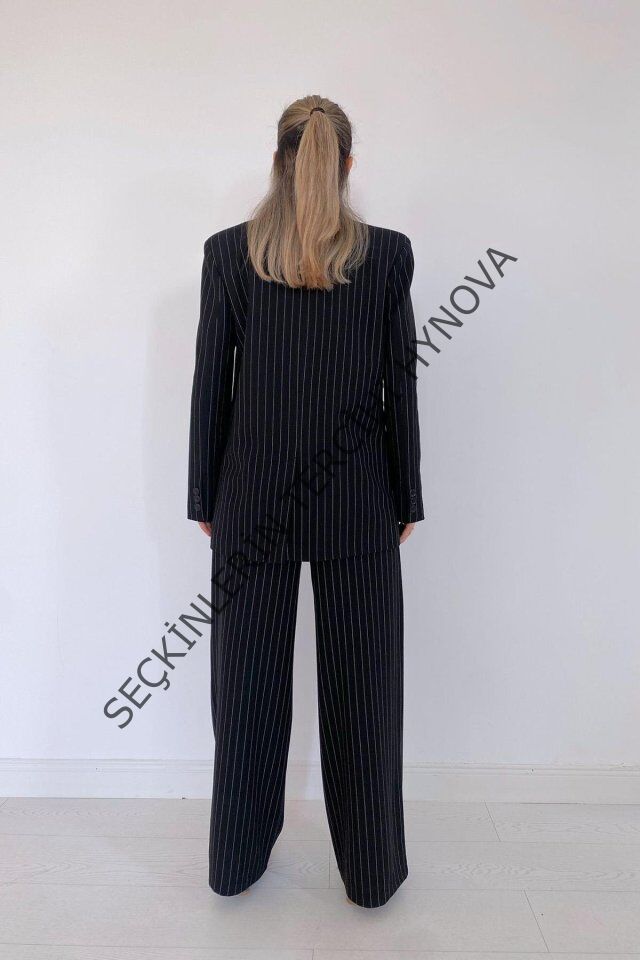 Siyah Çizgili Ceket - Yelek Ve Pantolon Takım