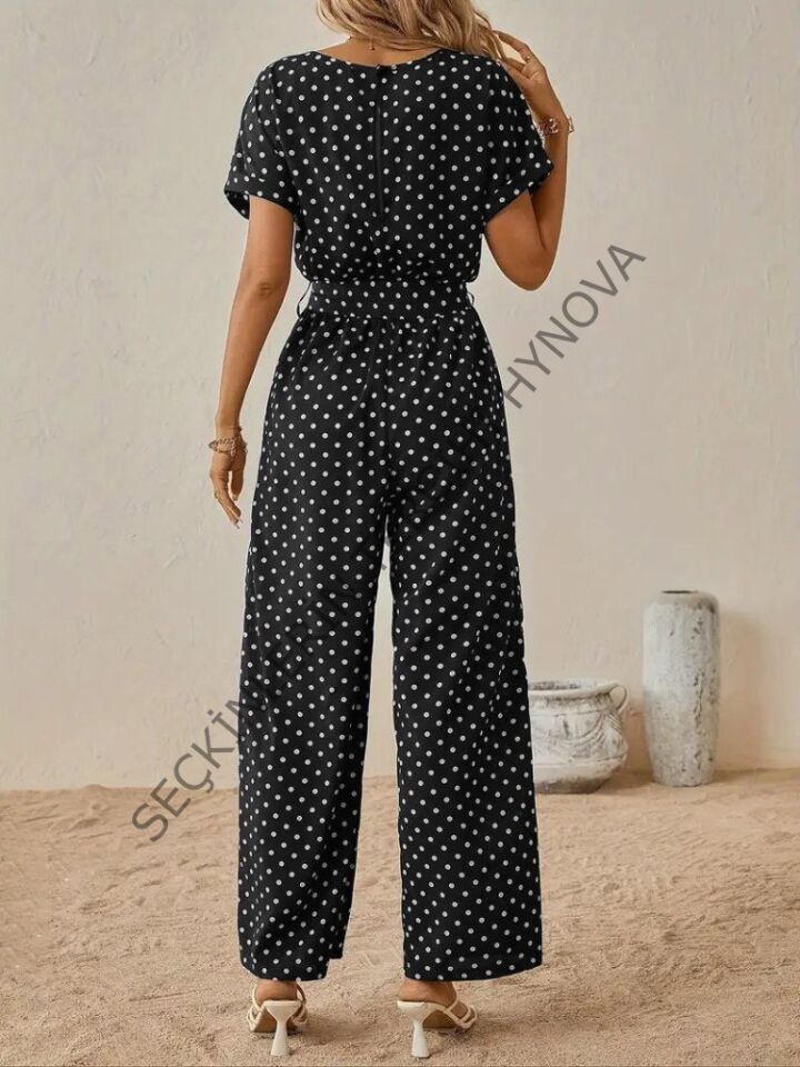 Kadın Kısa Kollu Kayık Yaka Belden Kuşaklı örme Krep Tulum