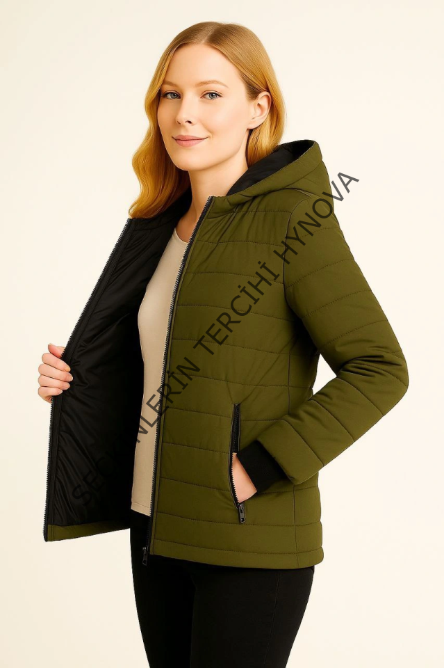 Şişme Kapüşonlu Fermuarlı Mont Su Itici Kapitone Astarlı Kumaş Cepli Kışlık Rahat Kalıp - Haki