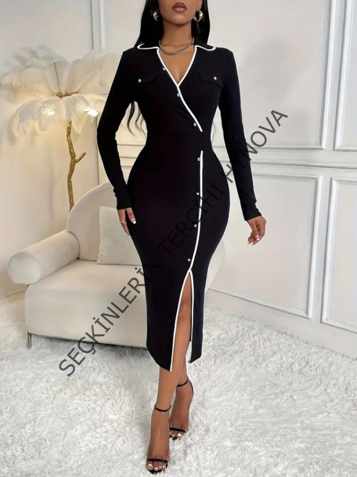 Kadın Uzun Kollu Yakalı Cepli Düğmeli Yırtmaç Detaylı Modal Uzun Elbise