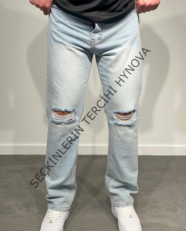 Erkek Dizi Yırtık Detaylı Baggy Jeans