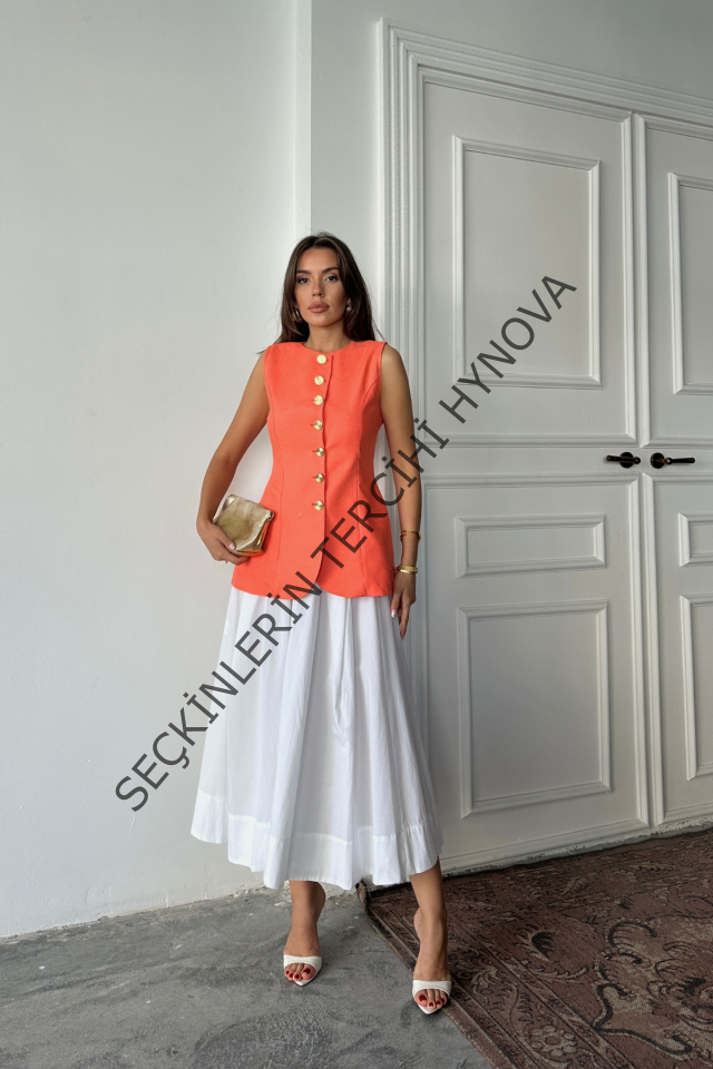 JAKAR KETEN YELEK BELDEN OTURTMALI GOLD DÜĞMELİ - Orange