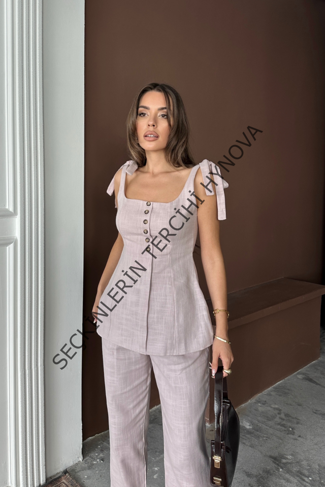 ŞANTUK KETEN YELEK GÖRÜNÜMLÜASKILI BLUZ - PANTOLON TK - Lila