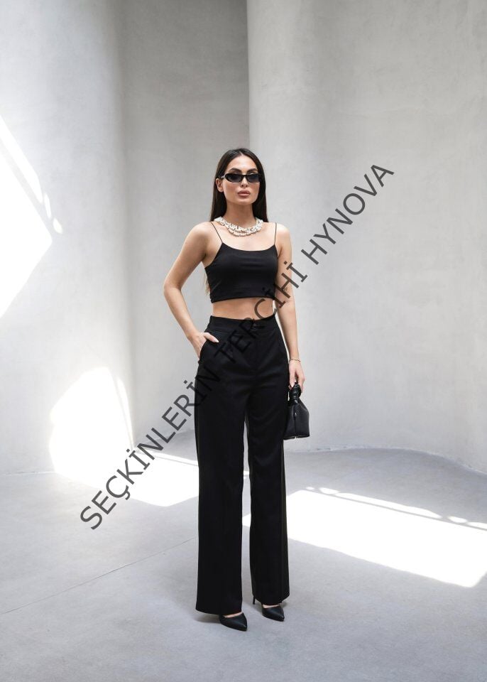 Arkasi Lasti̇kli̇ Pi̇leli̇ Dökümlü Wide Leg Pantolon