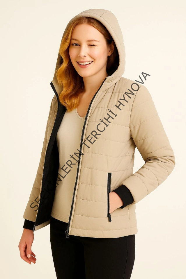 Şişme Kapüşonlu Fermuarlı Mont Su Itici Kapitone Astarlı Kumaş Cepli Kışlık Rahat Kalıp - Bej