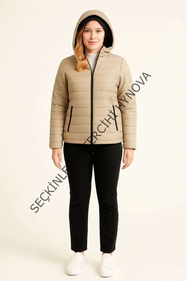 Şişme Kapüşonlu Fermuarlı Mont Su Itici Kapitone Astarlı Kumaş Cepli Kışlık Rahat Kalıp - Bej