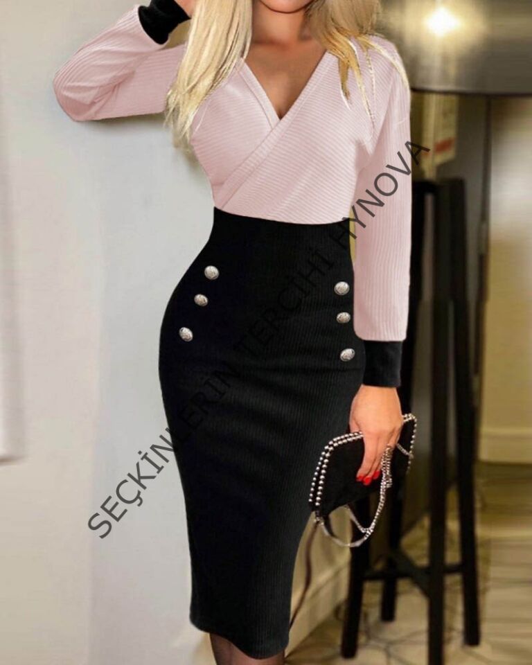 Kadın Uzun Kollu Kruvaze Yakalı Düğme Blok Desenli Kaşkorse Elbise