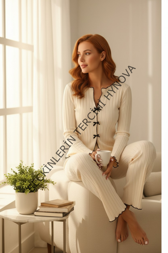 Kadın Ekru Fitilli Şık Pijama Takımı – Fiyonk Detaylı Rahat Ev Giyim Seti