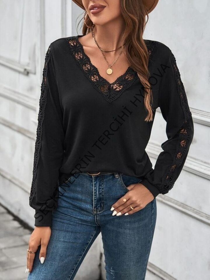 Kadın Uzun Kollu V Yakalı Dantel Detaylı Viskon Bluz