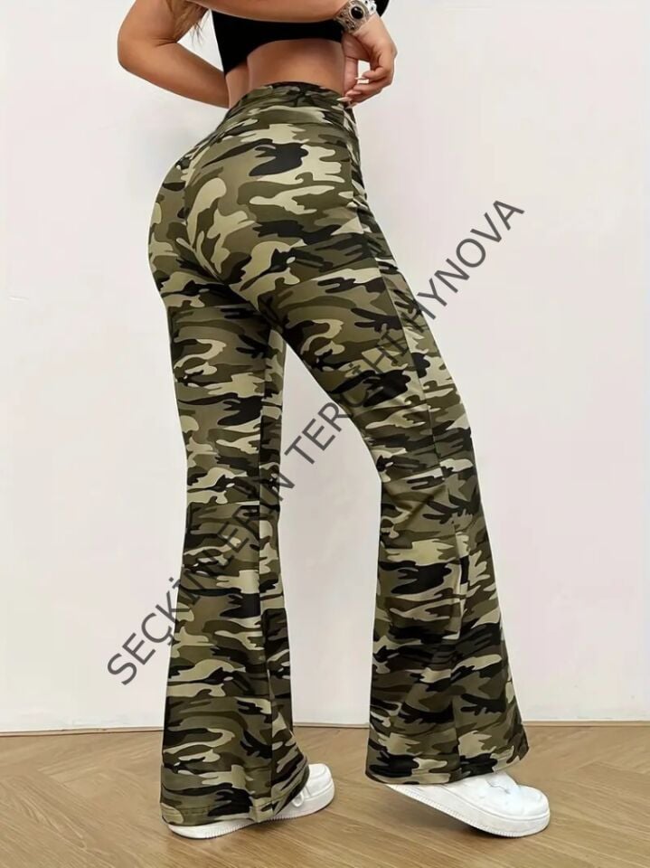 Kadın Yüksek Bel Kamuflaj Desenli Dalgıç Tayt