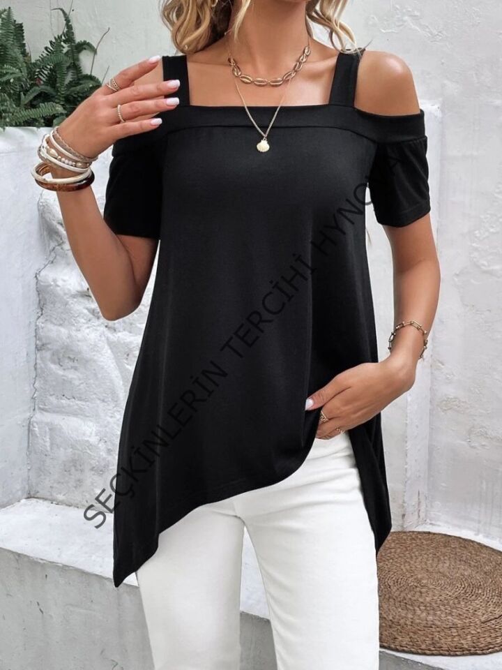Kadın Kısa Kollu Omuzlardan Açık Askılı Asimetrik Kesim Viskon Bluz