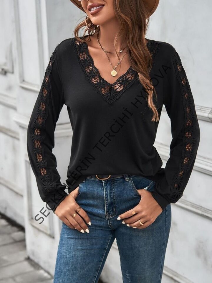 Kadın Uzun Kollu V Yakalı Dantel Detaylı Viskon Bluz
