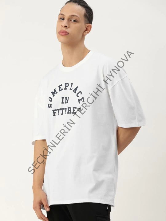 Erkek Baskılı Oversize T-shirt - Beyaz