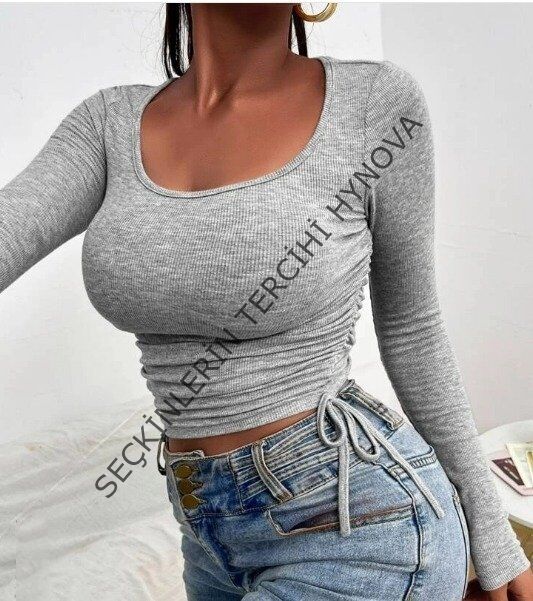 Kadın Uzun Kollu Yanlar Büzgü Detay Kaşkorse Crop