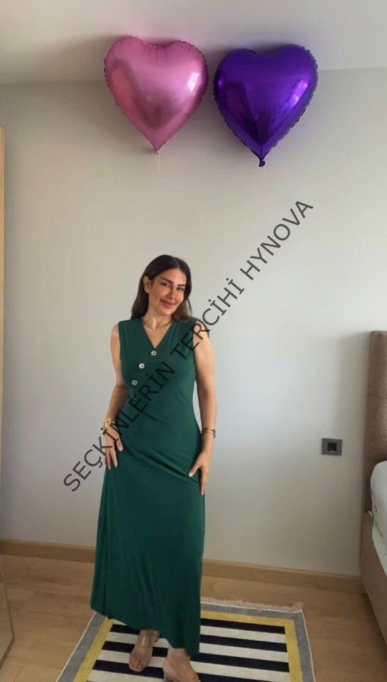 Kadın Kruvaze Yaka Düğme Detay Maxi Boy Elbise