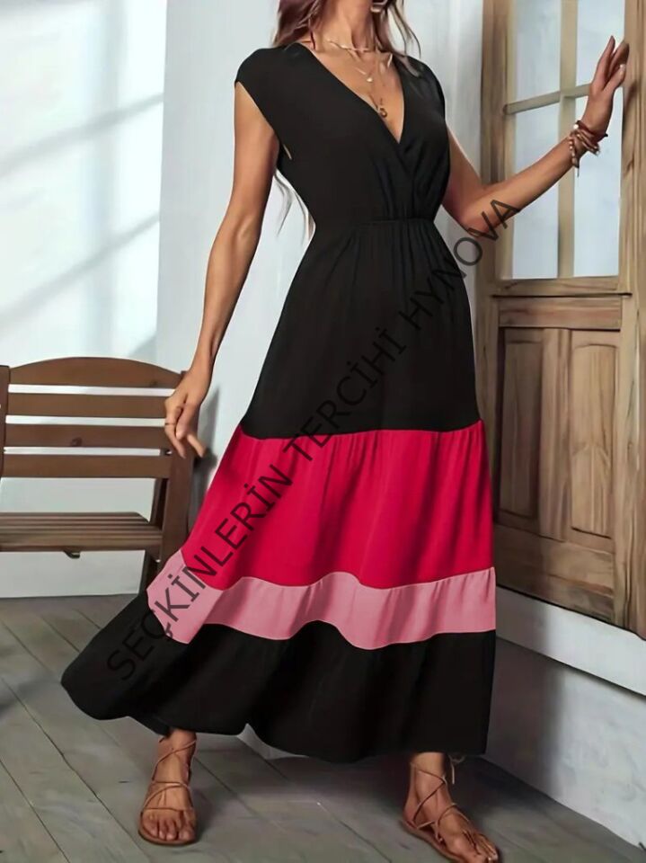 Kadın Kısa Kollu Kruvaze Yakalı çok Renkli Aerobin Elbise