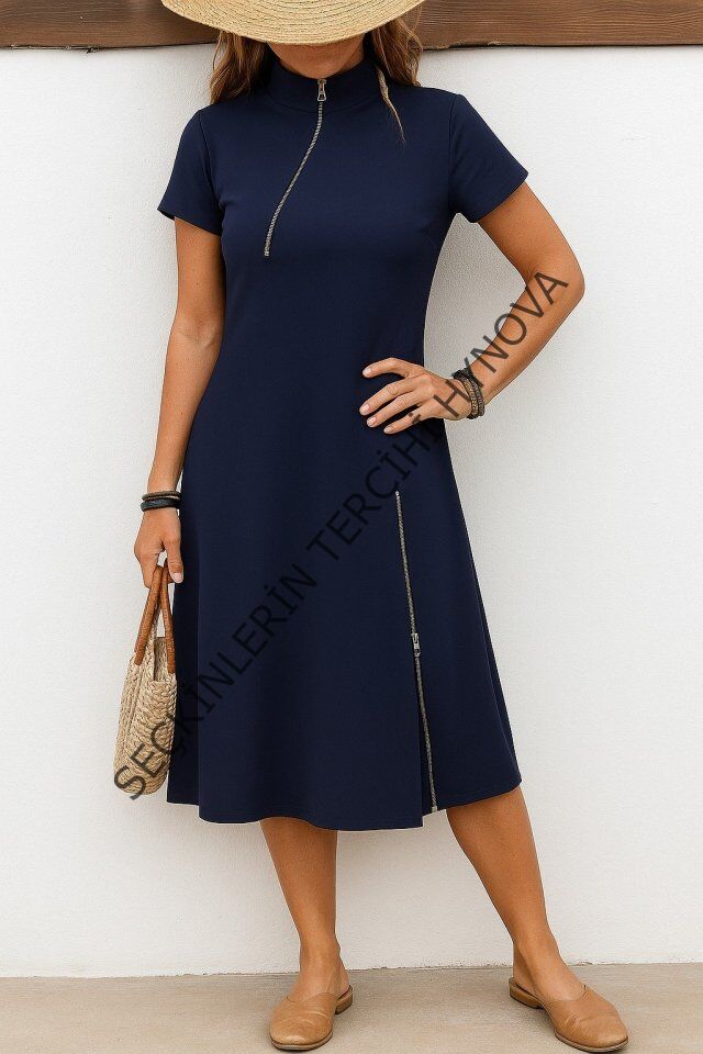 Kadın Kısa Kollu Yakadan Ve Etekten Fermuarlı Midi Viskon Iki Iplik Elbise